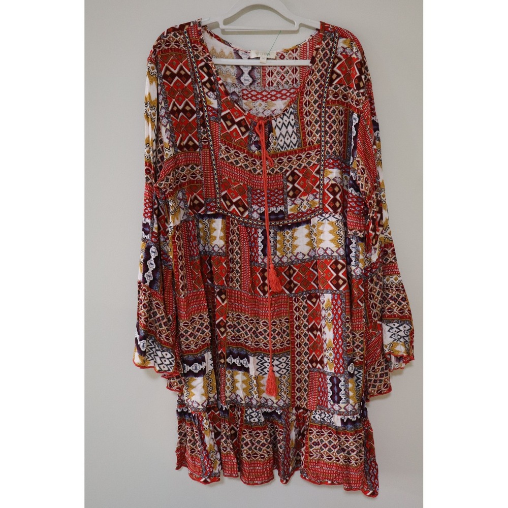 Boho Festival Velzera Patchwork Mini Dress 2XL Red Geometric Tassel Babydoll